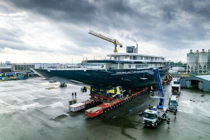 The yacht built by Jeff Bezos at a pier near Rotterdam, in October 2021.