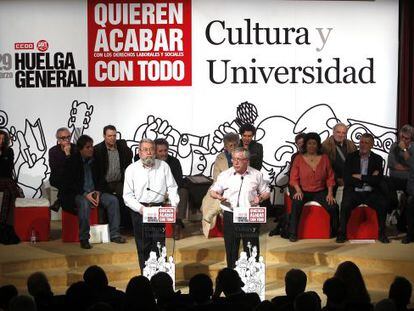 Labor unions UGT and CCOO at a meeting in support of the culture sector.
