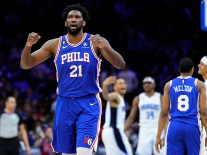 Philadelphia 76ers' Joel Embiid reacts during the second half of an NBA basketball game against the Orlando Magic, Monday, Jan. 30, 2023, in Philadelphia.