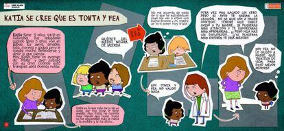 A comic strip designed to help children avoid discriminating against adopted classmates. The title reads: “Katia thinks she is stupid and ugly.”