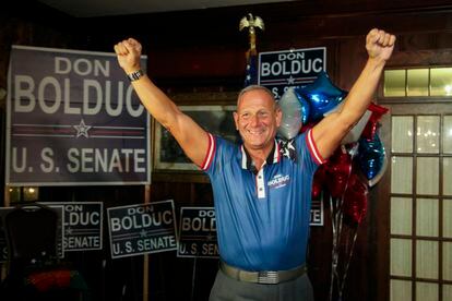 New Hampshire Republican US Senate candidate Don Bolduc smiles during a primary night campaign gathering.