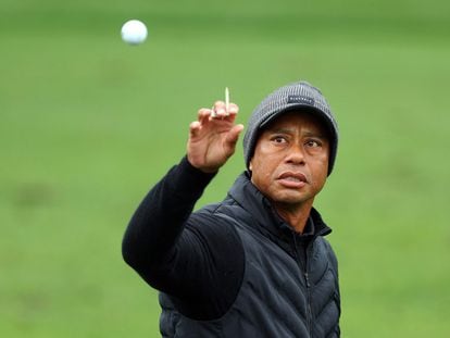 Tiger Woods of the United States catches a ball on the practice area during the third round of the 2023 Masters Tournament at Augusta National Golf Club on April 08, 2023 in Augusta, Georgia.