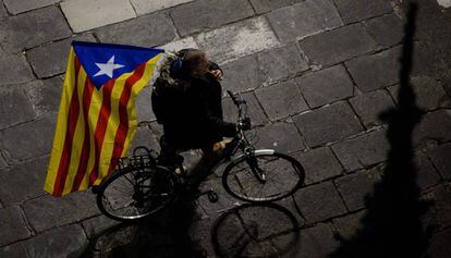 A man protests against Madrid's application of emergency powers in Catalonia.