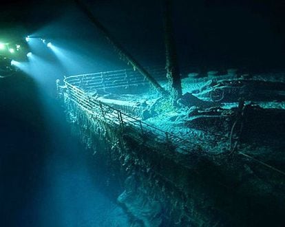 The famous bow of the Titanic, caught in the lights of one of the submersibles that has visited the wreck.