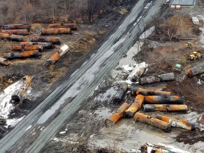 This photo taken with a drone shows the continuing cleanup of portions of a Norfolk Southern freight train that derailed Friday night in East Palestine, Ohio, Thursday, Feb. 9, 2023.