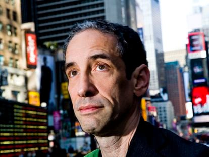 American writer Douglas Rushkoff in Times Square, New York City.