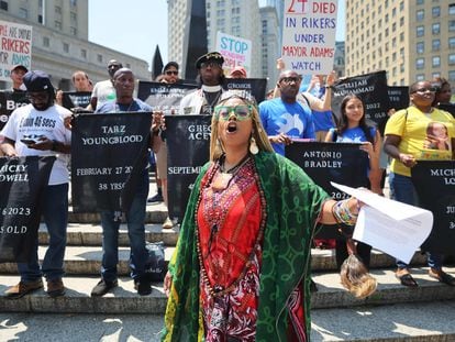 Activists in New York during a protest over the deaths of Rikers prisoners, on July 11.