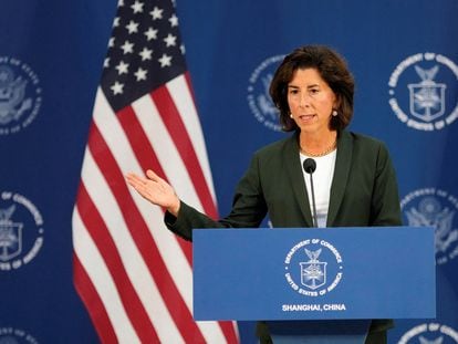 U.S. Secretary of Commerce Gina Raimondo attends a press conference at the Boeing Shanghai Aviation Services, in Shanghai, China August 30, 2023.