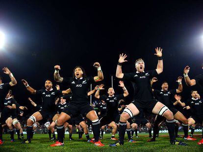 The 'All Blacks' perform the Haka, a Maori dance of intimidation.