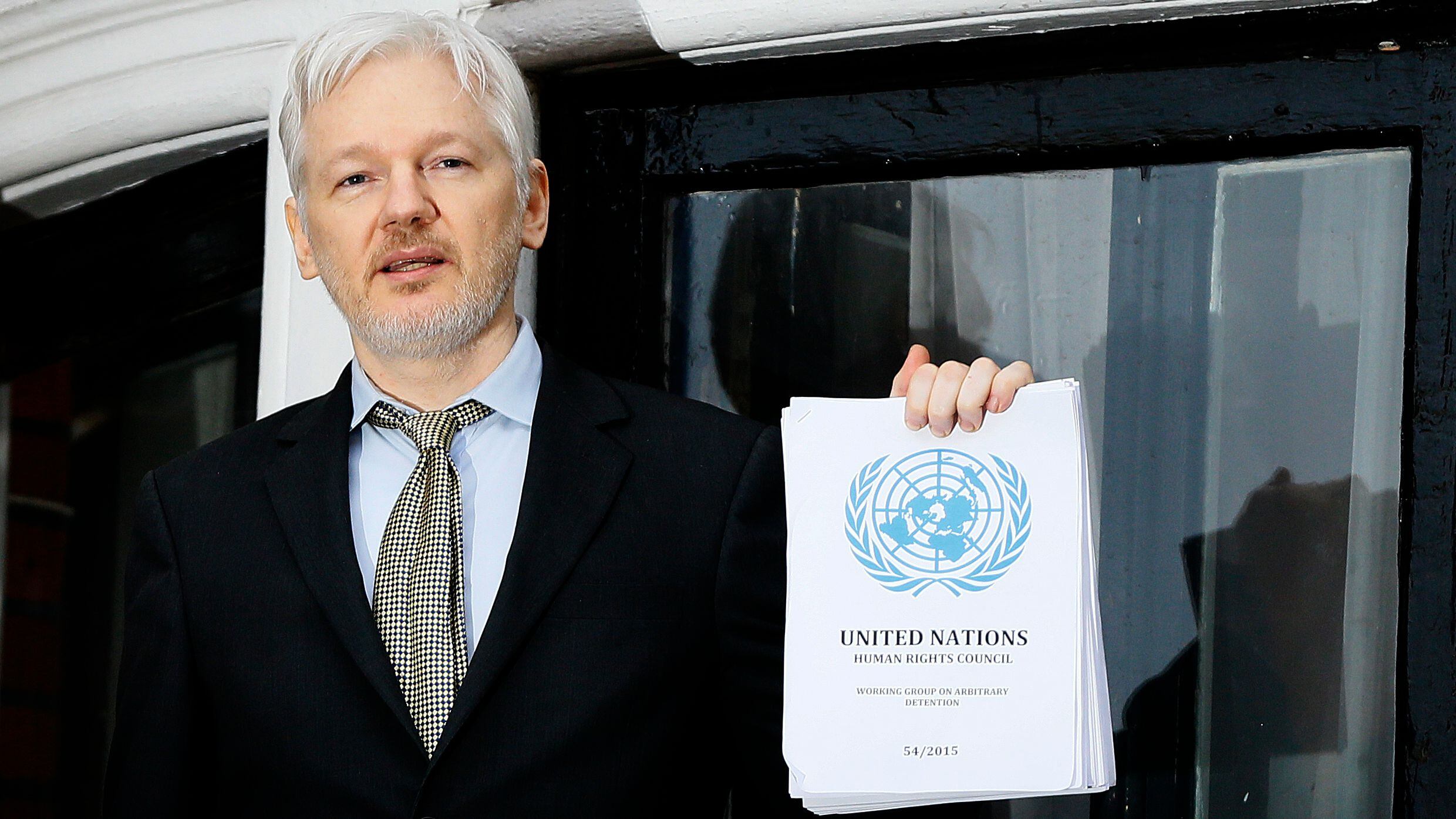 WikiLeaks founder Julian Assange speaks on the balcony of the Ecuadorean Embassy in London in 2016.