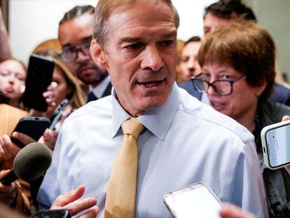 House Judiciary Committee Chairman Rep. Jim Jordan (R-OH) speaks to reporters during a break in a House Republican Conference meeting, on Capitol Hill in Washington, U.S., October 13, 2023.