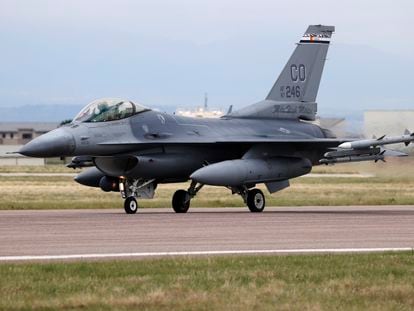 A F-16 Fighting Falcon from Colorado Air National Guard's 140th Wing takes off from Buckley Air Force Base as part of a second flyover to salute COVID-19 front-line workers May 15, 2020, in Aurora, Colo.