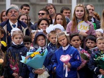 Students and their families at the start of the school year in Najabino, outside Moscow, on Thursday.