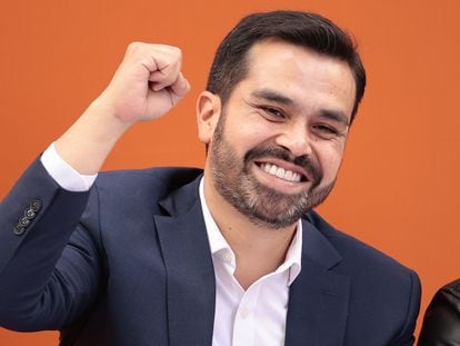 Jorge Álvarez Máynez celebrates being chosen as Citizen's Movement's candidate for the presidency in Mexico City on January 10.