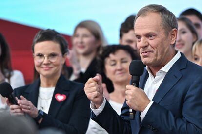 Donald Tusk addresses voters after learning the results of the exit polls in the Polish elections on Sunday.