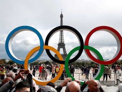 Olympic rings to celebrate the IOC official announcement that Paris won the 2024 Olympic bid are seen in front of the Eiffel Tower in Paris, France, in 2017.