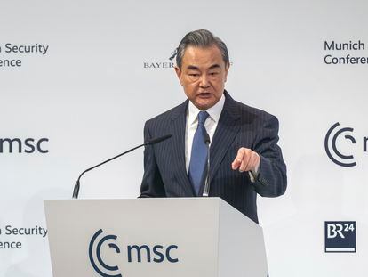 China's Director of the Office of the Central Foreign Affairs Commission Wang Yi speaks at the Munich Security Conference on February 18.