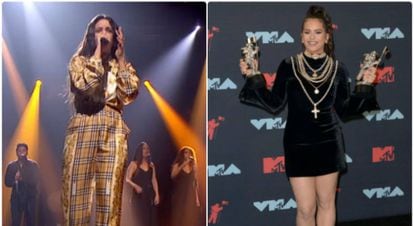 Rosalía performing on the BBC (l) and with her MTV Music Video Awards.
