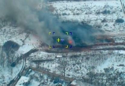 A screengrab of a video published by the Russian Ministry of Defense showing a Kinzhal missile strike in Ukraine last Saturday.