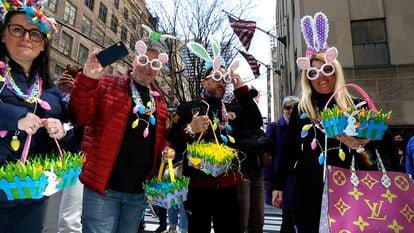 Parade participants in costumes are seen during the 2022 New York City Easter Bonnet Parade on April 17, 2022, in New York City.