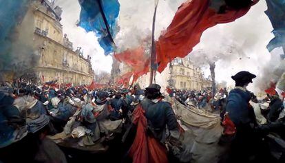 MidJourney-generated image of the French Revolution seen through a GoPro camera.