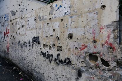 Gunshot holes in the Jenin refugee camp.