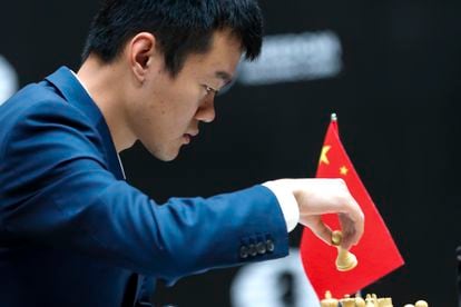 China's Ding Liren plays against Russia's Ian Nepomniachtchi during their FIDE World Chess Championship in Astana, Kazakhstan, Saturday, April 29, 2023.