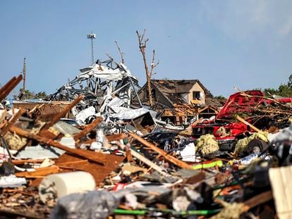 Debris covers a residential area in Perryton, Texas,