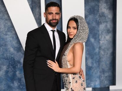 Sebastian Lletget and Becky G attend a Vanity Fair party after the Oscars, March 12, 2023 in Beverly Hills.