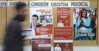 Posters supporting all three candidates to head the PSOE.