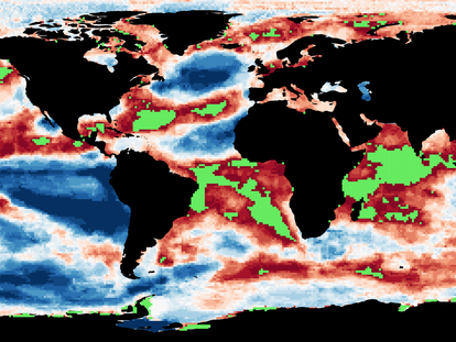 A map showing the marine areas where temperature increases are highest (green) and lowest (blue).