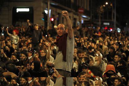A group of protesters at a sit-in in Urquinaona square in Barcelona on Saturday.
