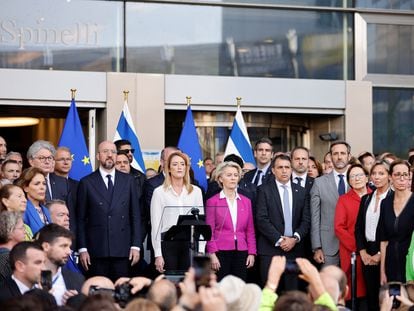EU officials and the head of the Israeli mission to the EU and NATO observe a minute of silence in condemnation of the Hamas attack last Wednesday in Brussels.