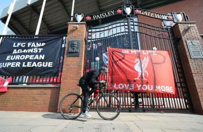 Banners protesting against the European Super League outside Liverpool’s Anfield stadium.