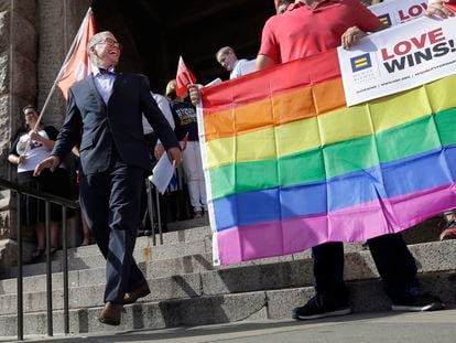 Jim Obergefell, the named plaintiff in the Obergefell v. Hodges Supreme Court case that legalized same sex marriage nationwide, arrives for a news conference on the steps of the Texas Capitol, June 29, 2015, in Austin, Texas.