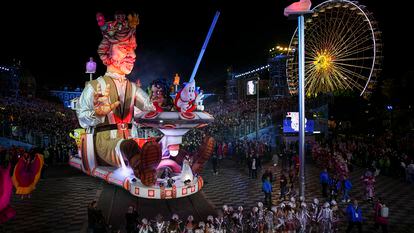 A carnival float depicting a king parades through Place Massena during the opening ceremony of 151st edition of the Nice Carnival in Nice, southern France, Saturday, Feb. 17, 2024.