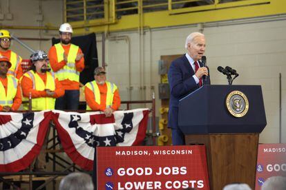 President Joe Biden speaks to guests at the Laborers International Union of North America (LIUNA) training center on February 8, 2023 in De Forest, Wisconsin.