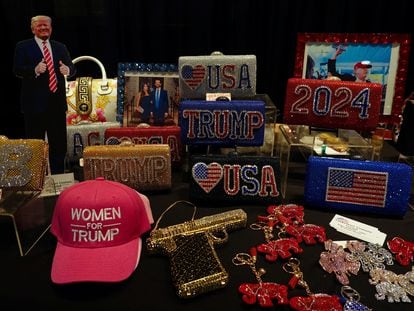 A booth selling Trump merchandise for women is shown at the hotel where Donald Trump will speak during the fall convention of the California Republican Party in Anaheim, California.