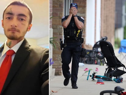 Robert E. Crimo III. (l), a person of interest in the mass shooting.  The scene of the shooting on Central Avenue (r).