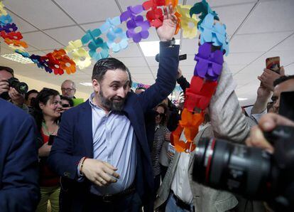 Vox leader Santiago Abascal votes at Pinar del Rey school in Madrid.