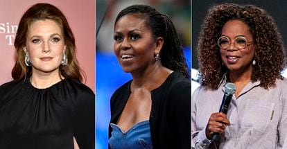 Drew Barrymore, from left, former first lady Michelle Obama and media mogul Oprah Winfrey