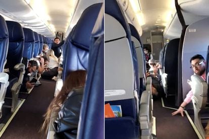 A screenshot from a video of passengers taking cover on an Aeroméxico plane.