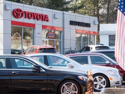 Cars are for sale at a Toyota car dealership in Arlington, Virginia, on February 15, 2022.