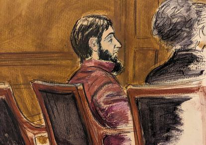 In this courtroom sketch, in federal court in New York, on March 8, 2023, Sayfullo Saipov sits at the defense table waiting for the commencement of jury instructions in the penalty phase of his trial.