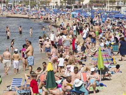 The packed beach at Benidorm.
