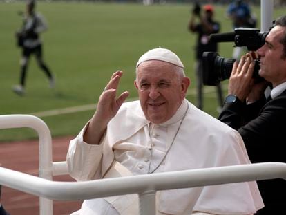 Pope Francis waves at worshipers at the Martyrs’ Stadium in Kinshasa, Congo, Thursday Feb. 2, 2023.
