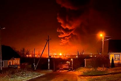 Smoke and flames at oil storage facilities hit by fire in Bryansk, Russia on April 25, 2022.