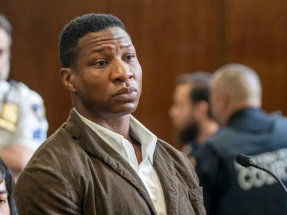 Jonathan Majors is seen in court during a hearing in his domestic violence case, on June 20, 2023, in New York.