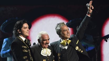 From the right, Mexican singers, Alex Fernandez, Vicente Fernandez (his grandfather), and Alejandro Fernandez, his father, at the 20th edition of the Latin Grammy Awards in 2019 in Las Vegas.