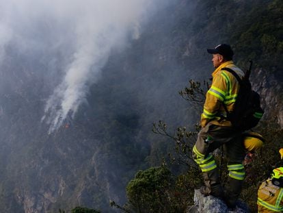 A firefighter observes a blaze on El Cable hill in Bogotá (Colombia) on January 26, 2024.